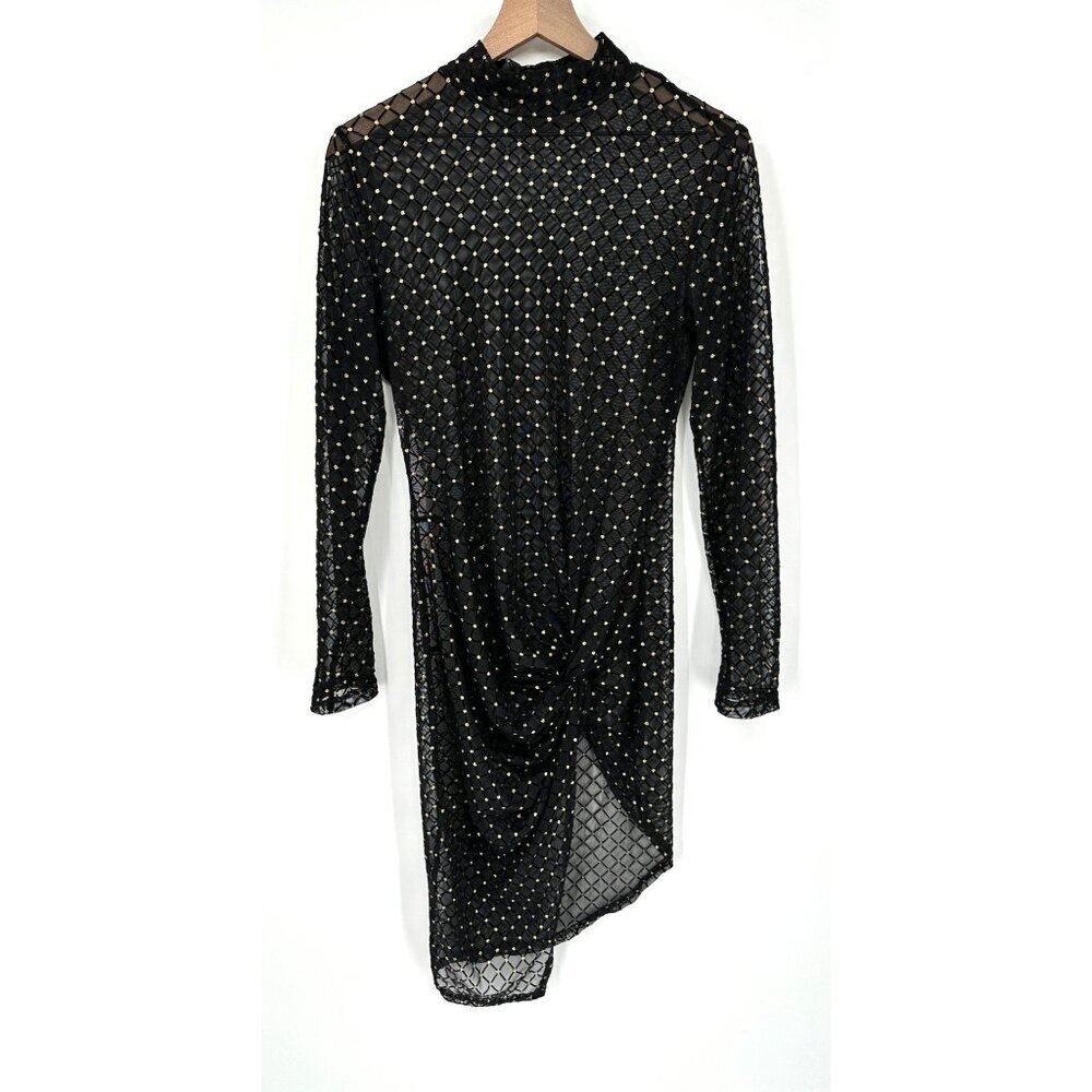 Sheer Mesh Dress Women Black Gold Twist Front Long Sleeve Fit Up to Large